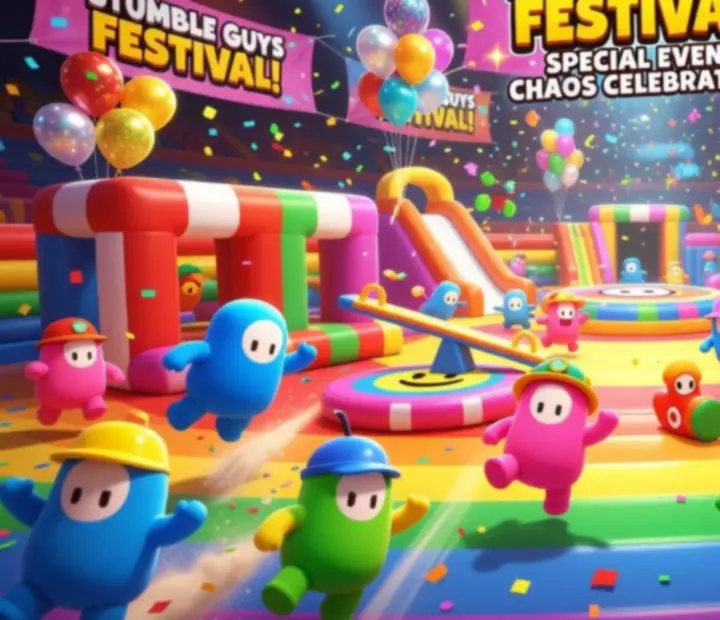 Kolorowa arena imprezowa z postaciami Stumble Guys podczas wydarzenia specjalnego
