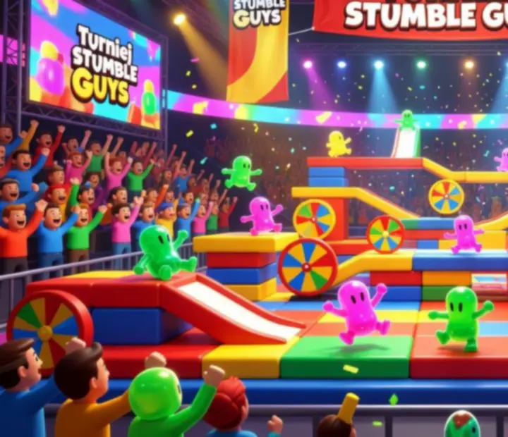 Kolorowa arena turniejowa Stumble Guys z biegnącymi postaciami